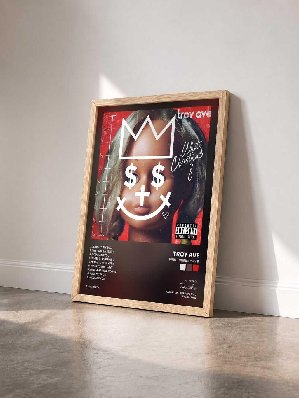 #bois Tableau de l'album White Christmas 8 de Troy Ave vu de trois quarts, cadre en bois brut