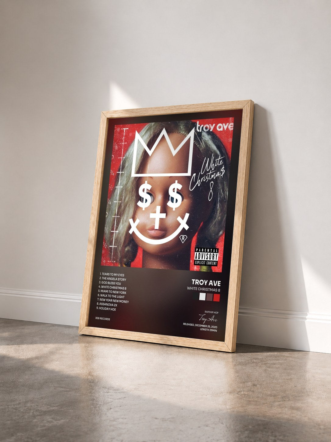 #bois Tableau de l'album White Christmas 8 de Troy Ave vu de trois quarts, cadre en bois brut