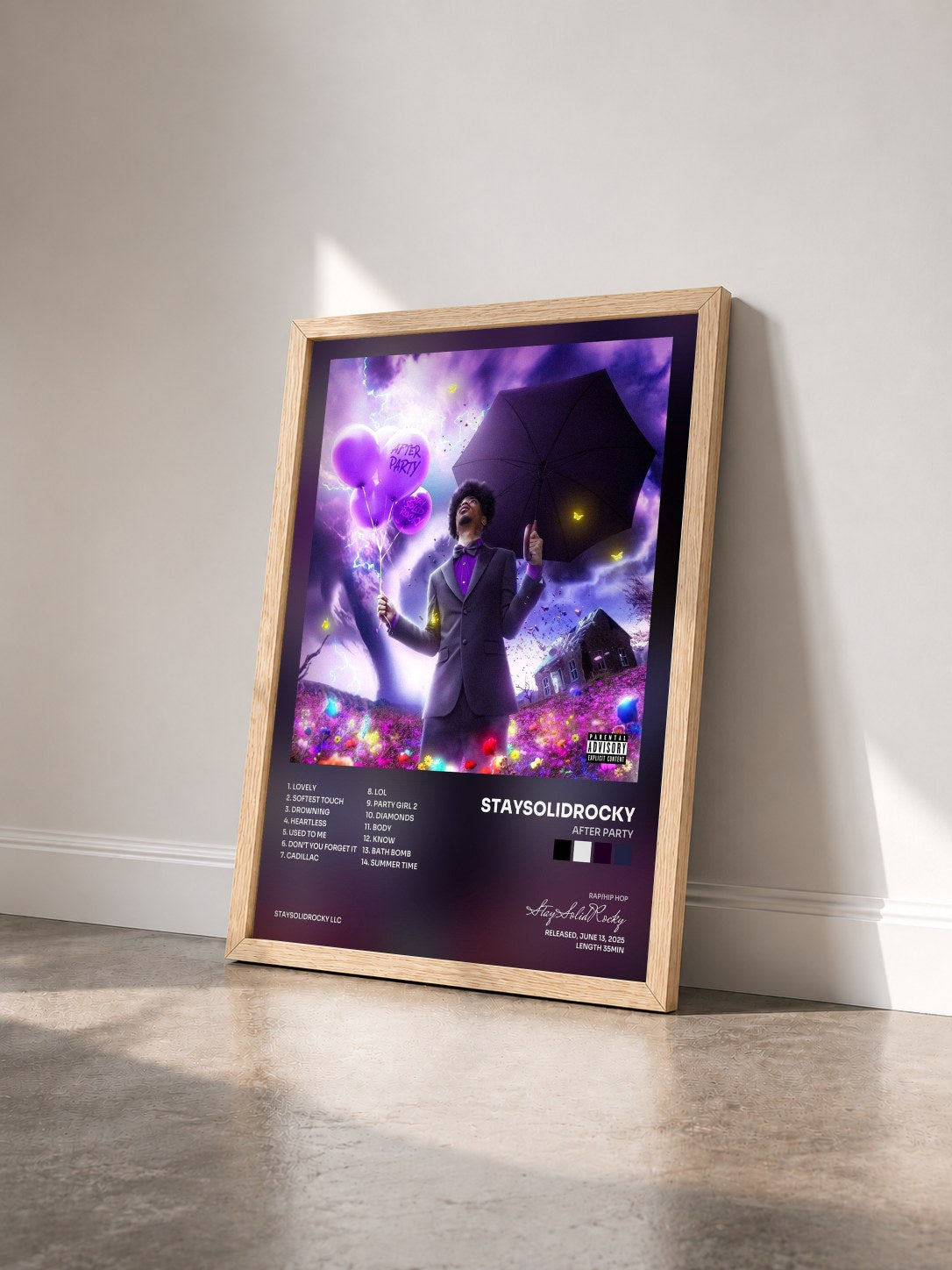 #bois Tableau de l'album After Party de StaySolidRocky vu de trois quarts, cadre en bois brut