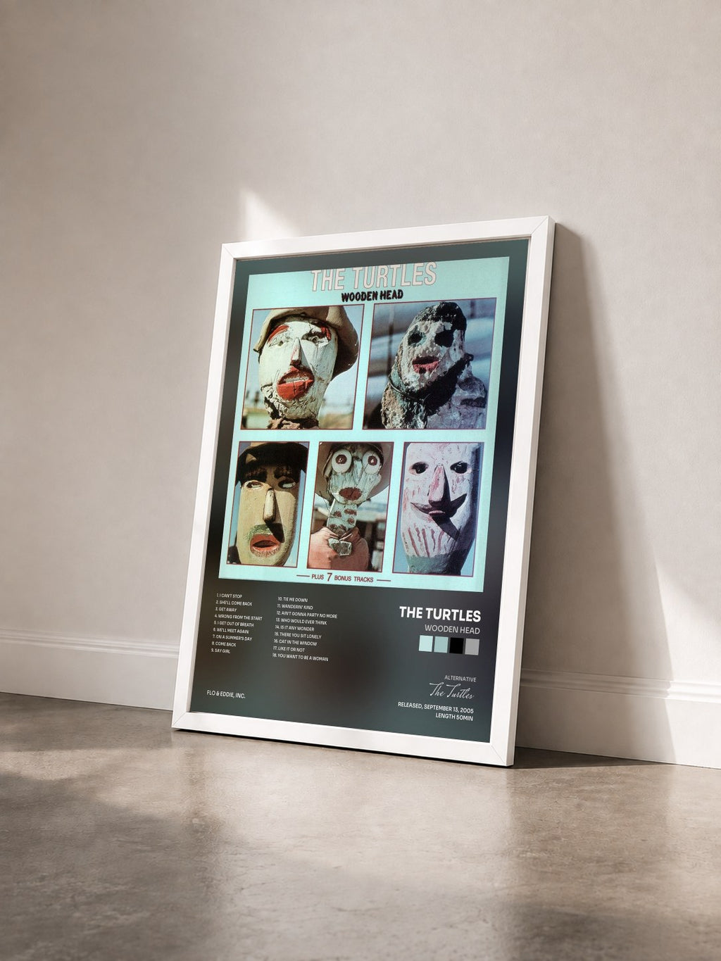 #blanc Tableau de l'album Wooden Head de The Turtles vu de trois quarts, cadre blanc