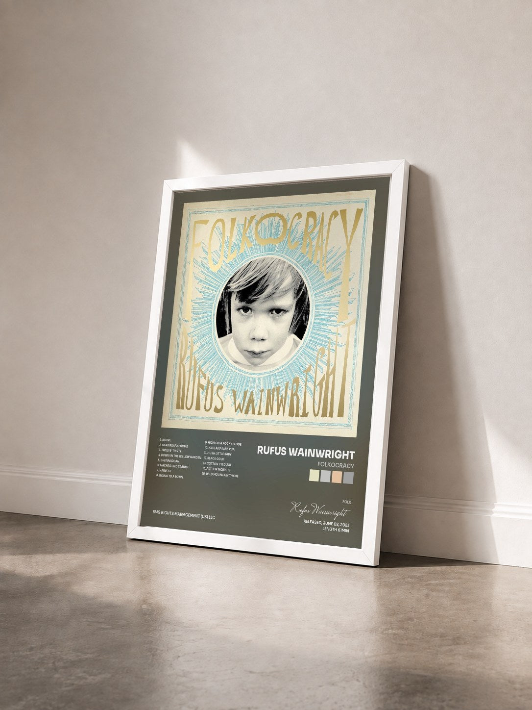 #blanc Tableau de l'album Folkocracy de Rufus Wainwright vu de trois quarts, cadre blanc