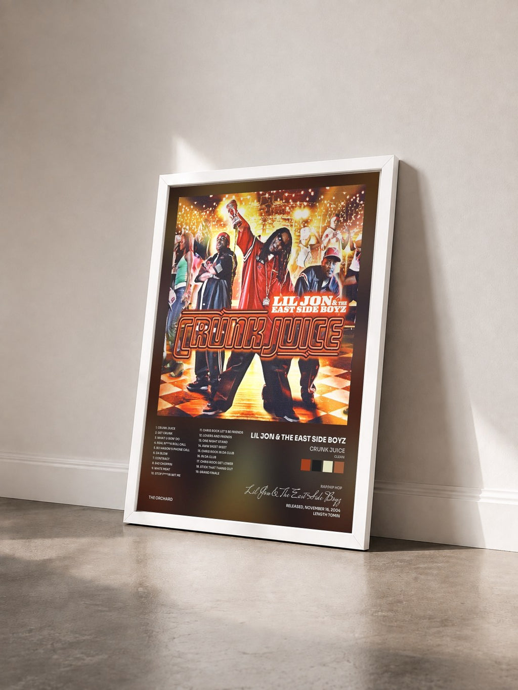 #blanc Tableau de l'album Crunk Juice (Clean) de Lil Jon & The East Side Boyz vu de trois quarts, cadre blanc