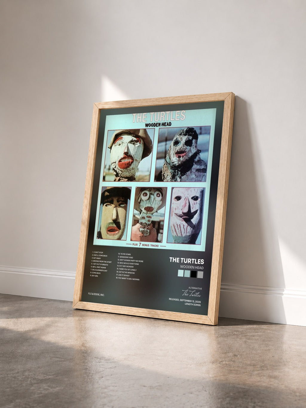 #bois Tableau de l'album Wooden Head de The Turtles vu de trois quarts, cadre en bois brut