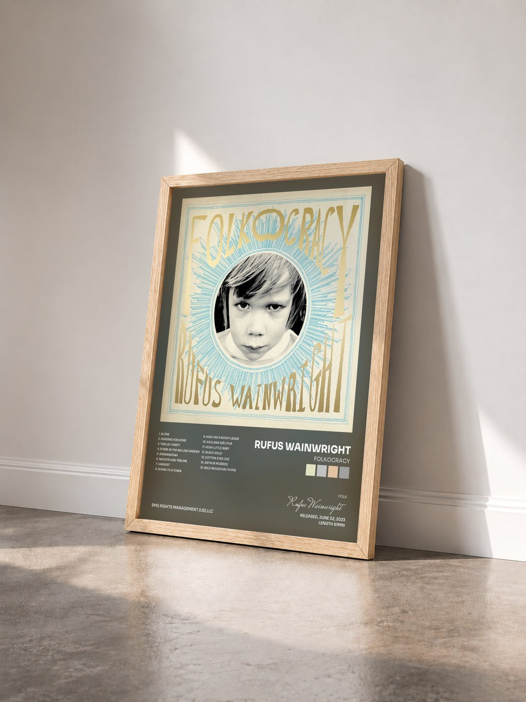 #bois Tableau de l'album Folkocracy de Rufus Wainwright vu de trois quarts, cadre en bois brut