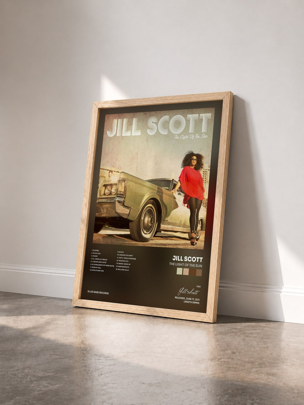 #bois Tableau de l'album The Light of the Sun de Jill Scott vu de trois quarts, cadre en bois brut