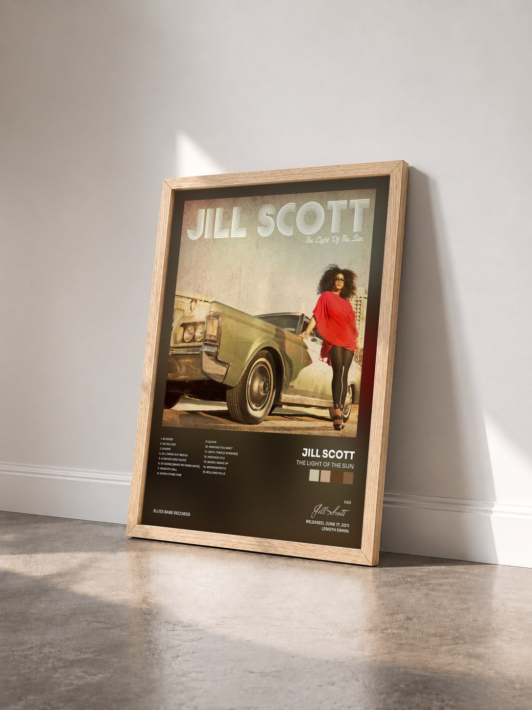 #bois Tableau de l'album The Light of the Sun de Jill Scott vu de trois quarts, cadre en bois brut