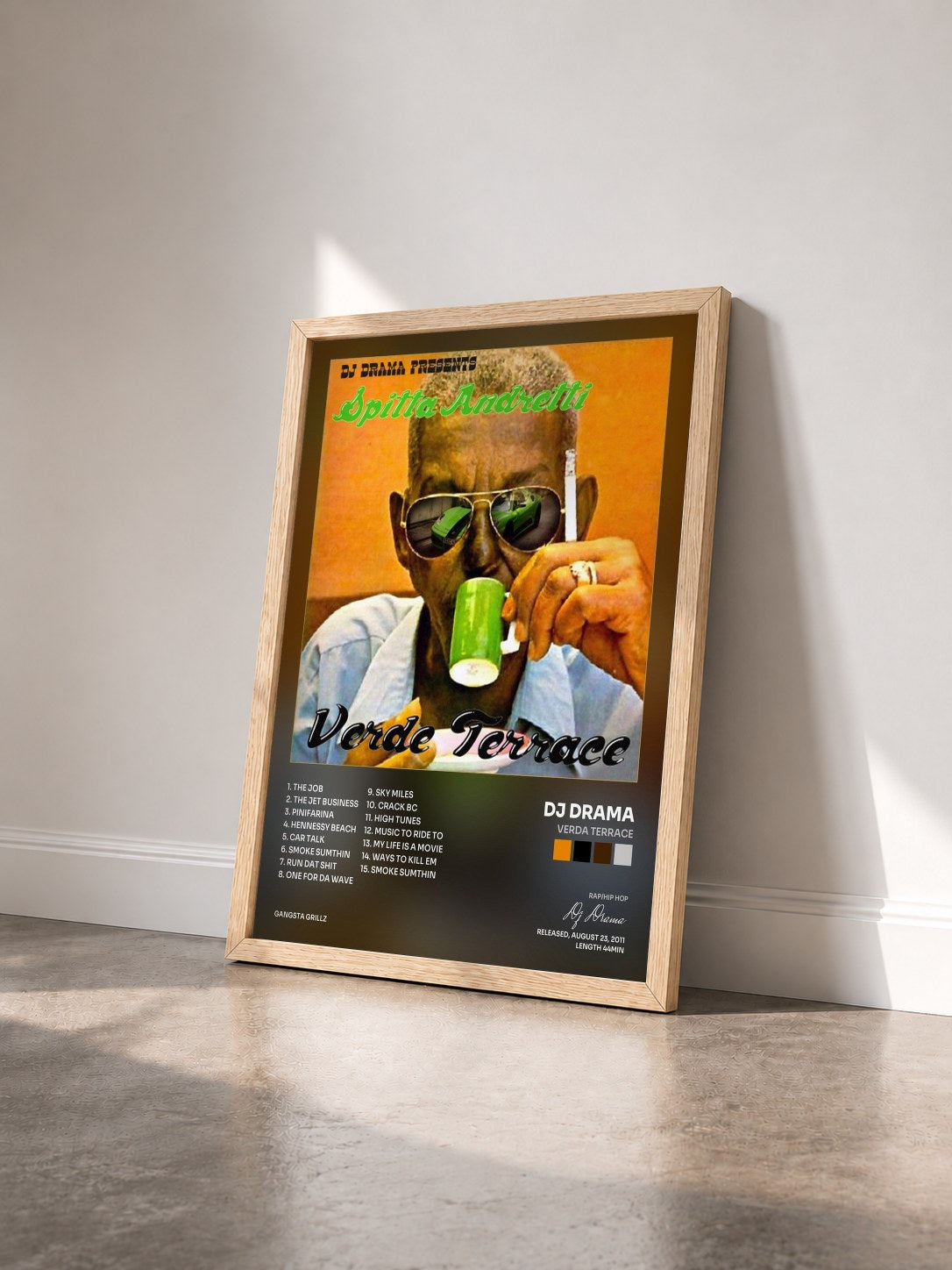 #bois Tableau de l'album Verda Terrace de Dj Drama vu de trois quarts, cadre en bois brut