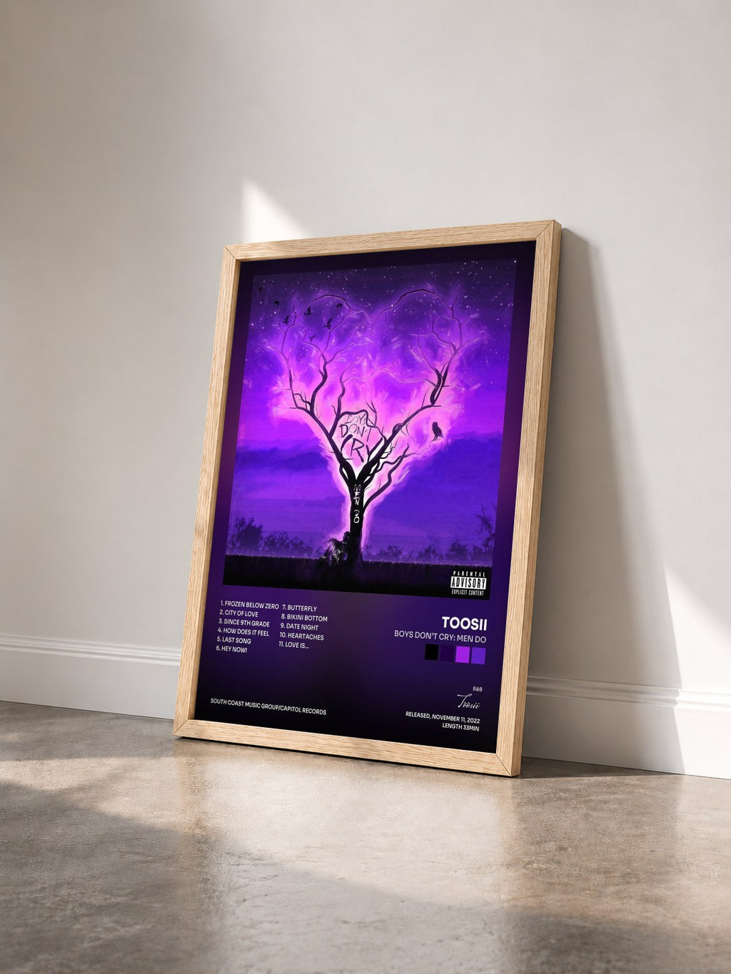 #bois Tableau de l'album Boys Don’t Cry: Men Do de Toosii vu de trois quarts, cadre en bois brut