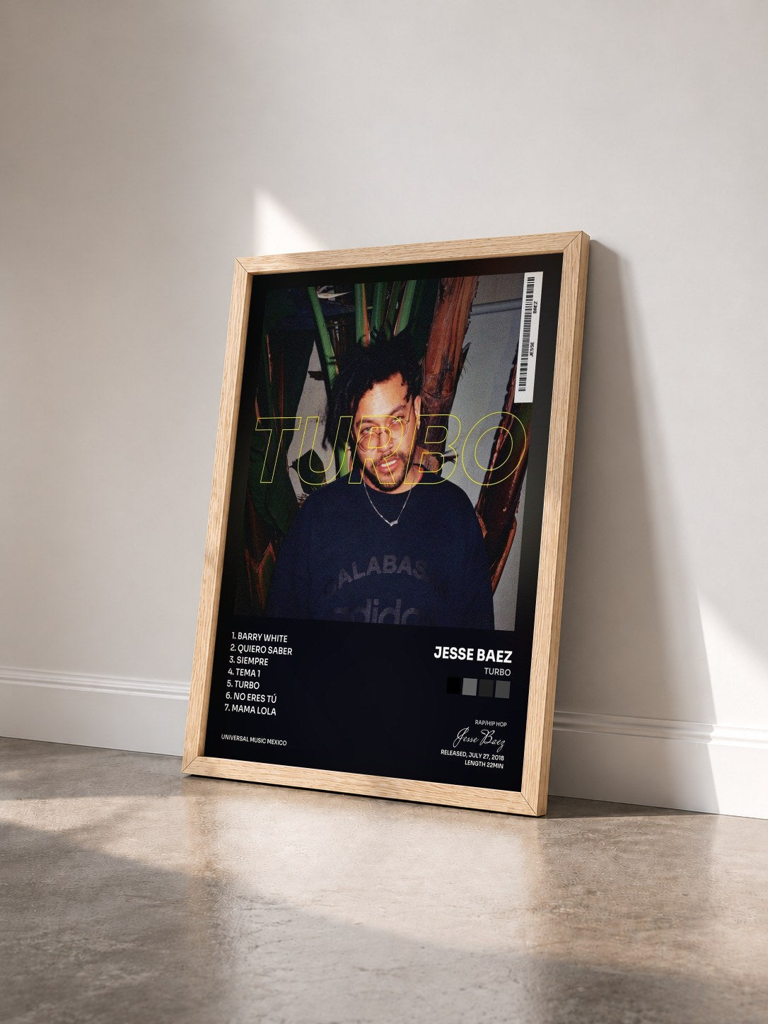 #bois Tableau de l'album Turbo de Jesse Baez vu de trois quarts, cadre en bois brut