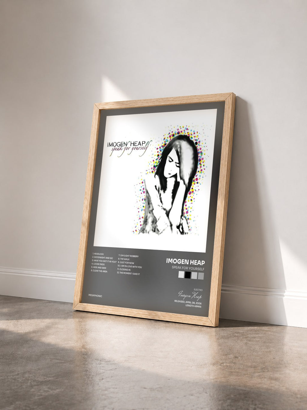 #bois Tableau de l'album Speak for Yourself de Imogen Heap vu de trois quarts, cadre en bois brut