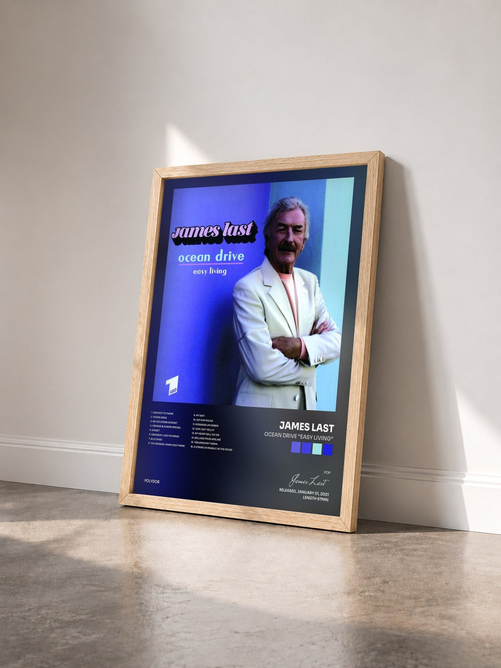 #bois Tableau de l'album Ocean Drive "Easy Living" de James Last vu de trois quarts, cadre en bois brut