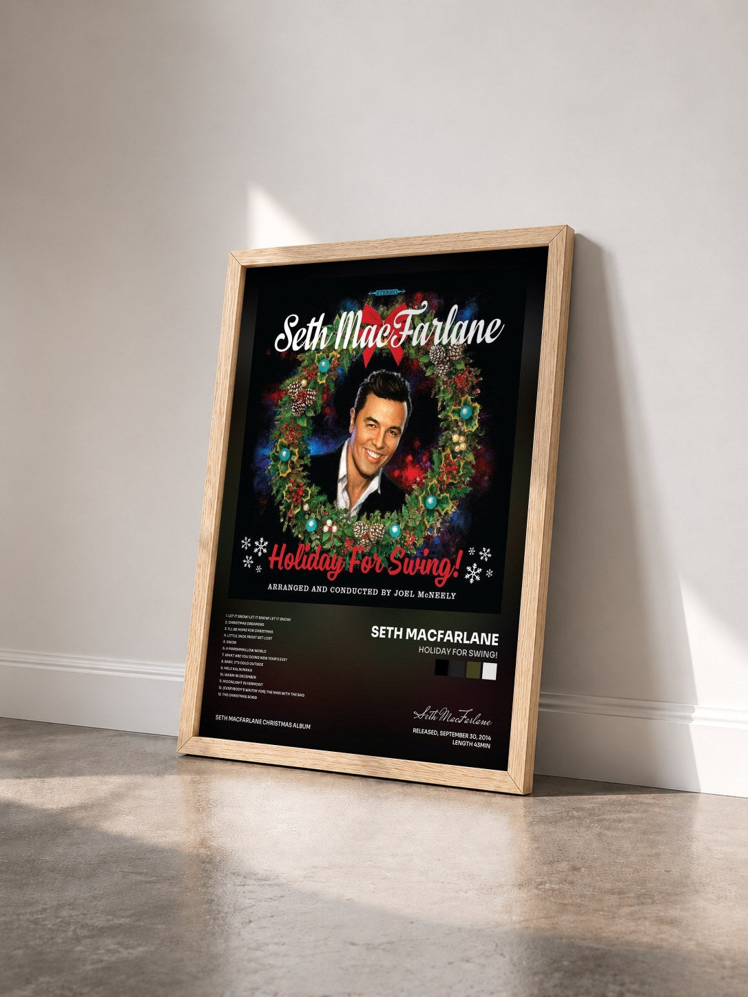 #bois Tableau de l'album Holiday For Swing! de Seth MacFarlane vu de trois quarts, cadre en bois brut