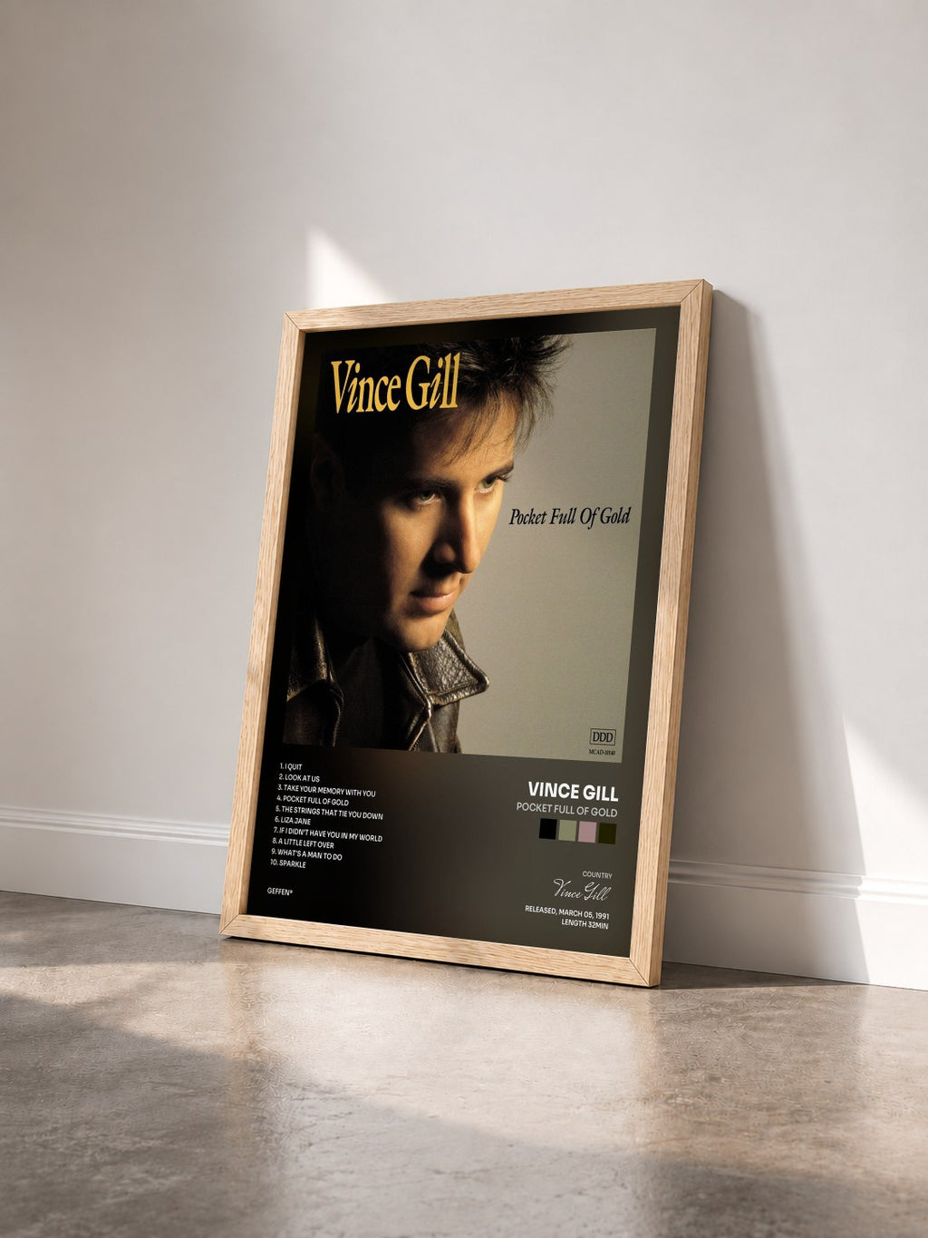 #bois Tableau de l'album Pocket Full Of Gold de Vince Gill vu de trois quarts, cadre en bois brut