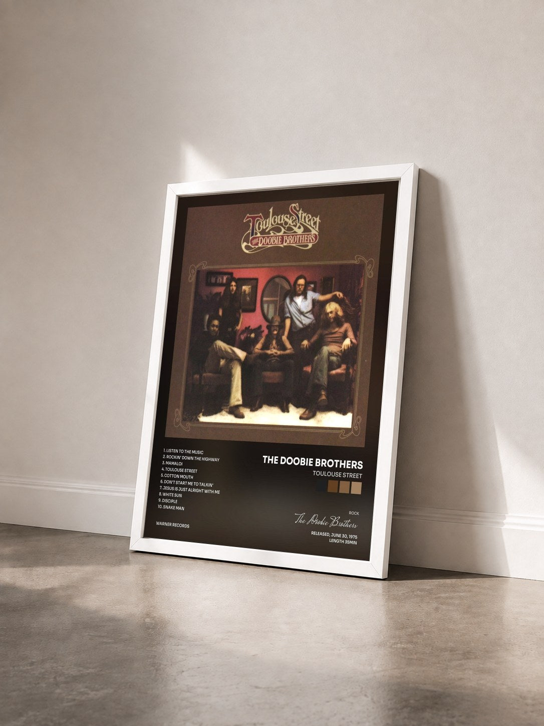 #blanc Tableau de l'album Toulouse Street de The Doobie Brothers vu de trois quarts, cadre blanc