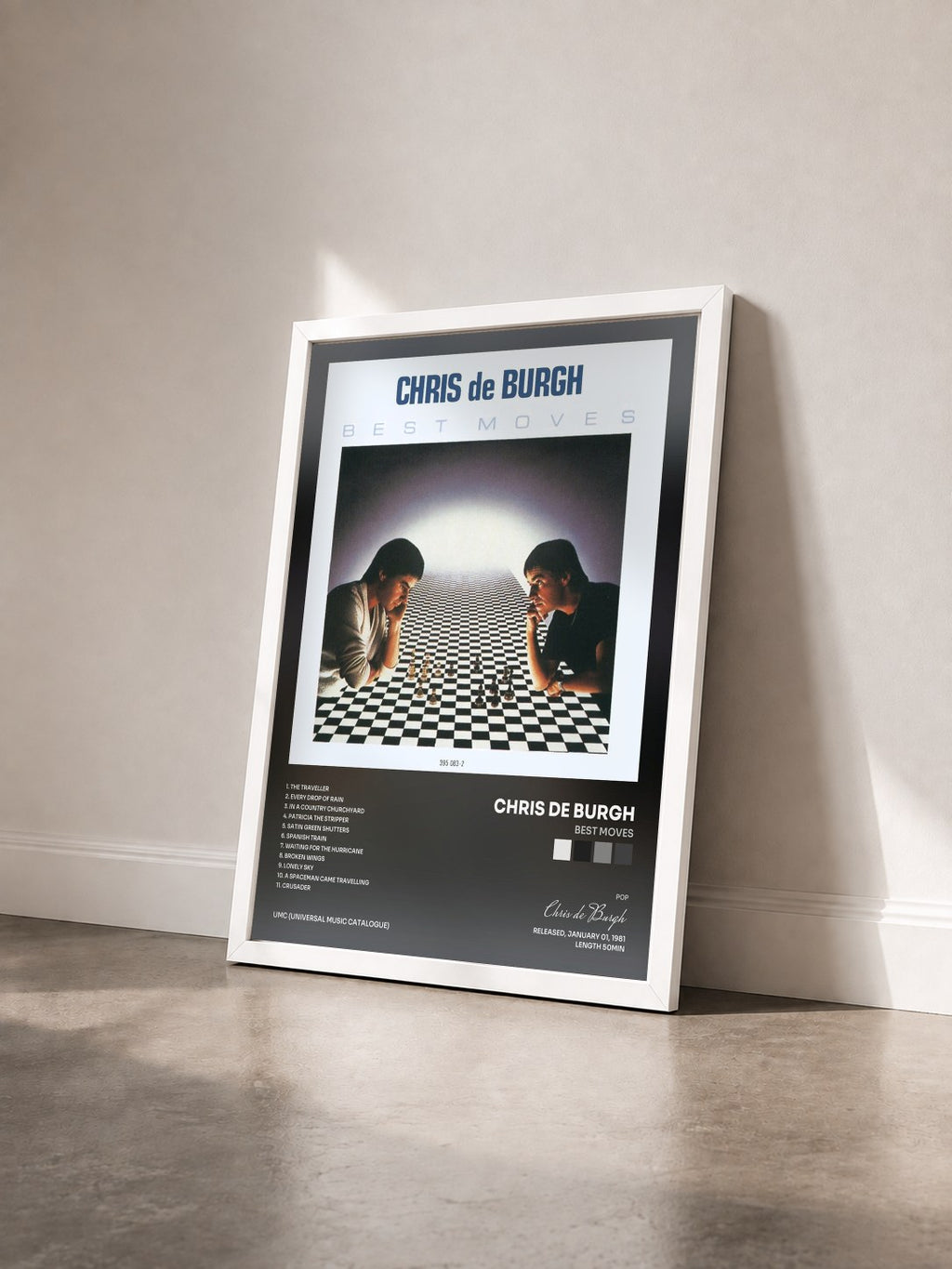 #blanc Tableau de l'album Best Moves de Chris de Burgh vu de trois quarts, cadre blanc