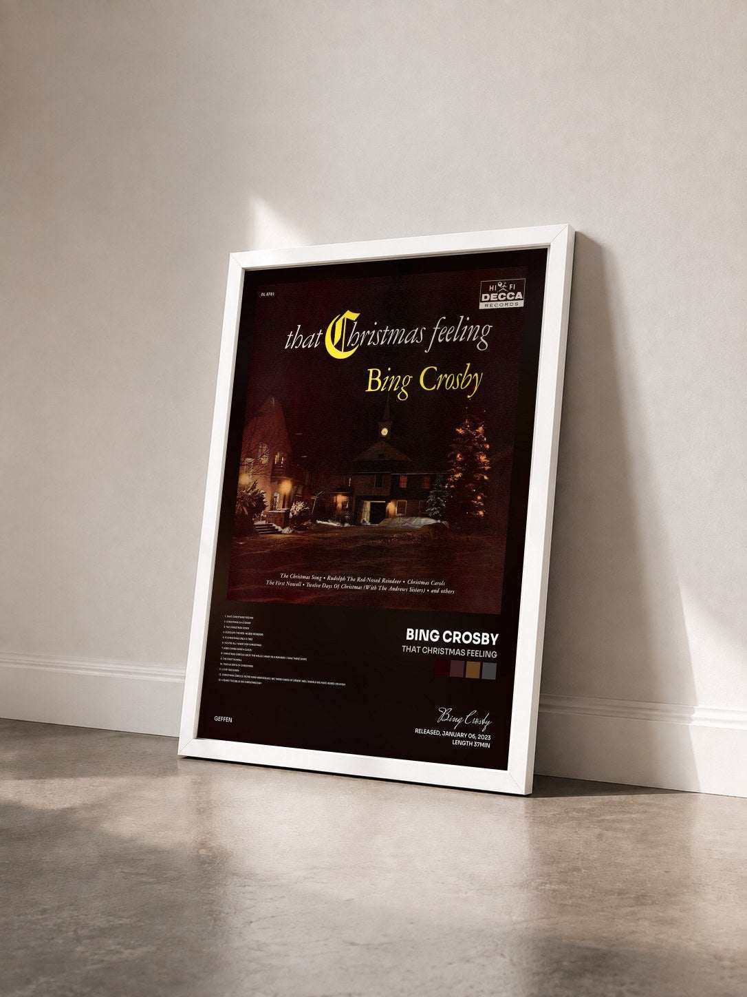 #blanc Tableau de l'album That Christmas Feeling de Bing Crosby vu de trois quarts, cadre blanc