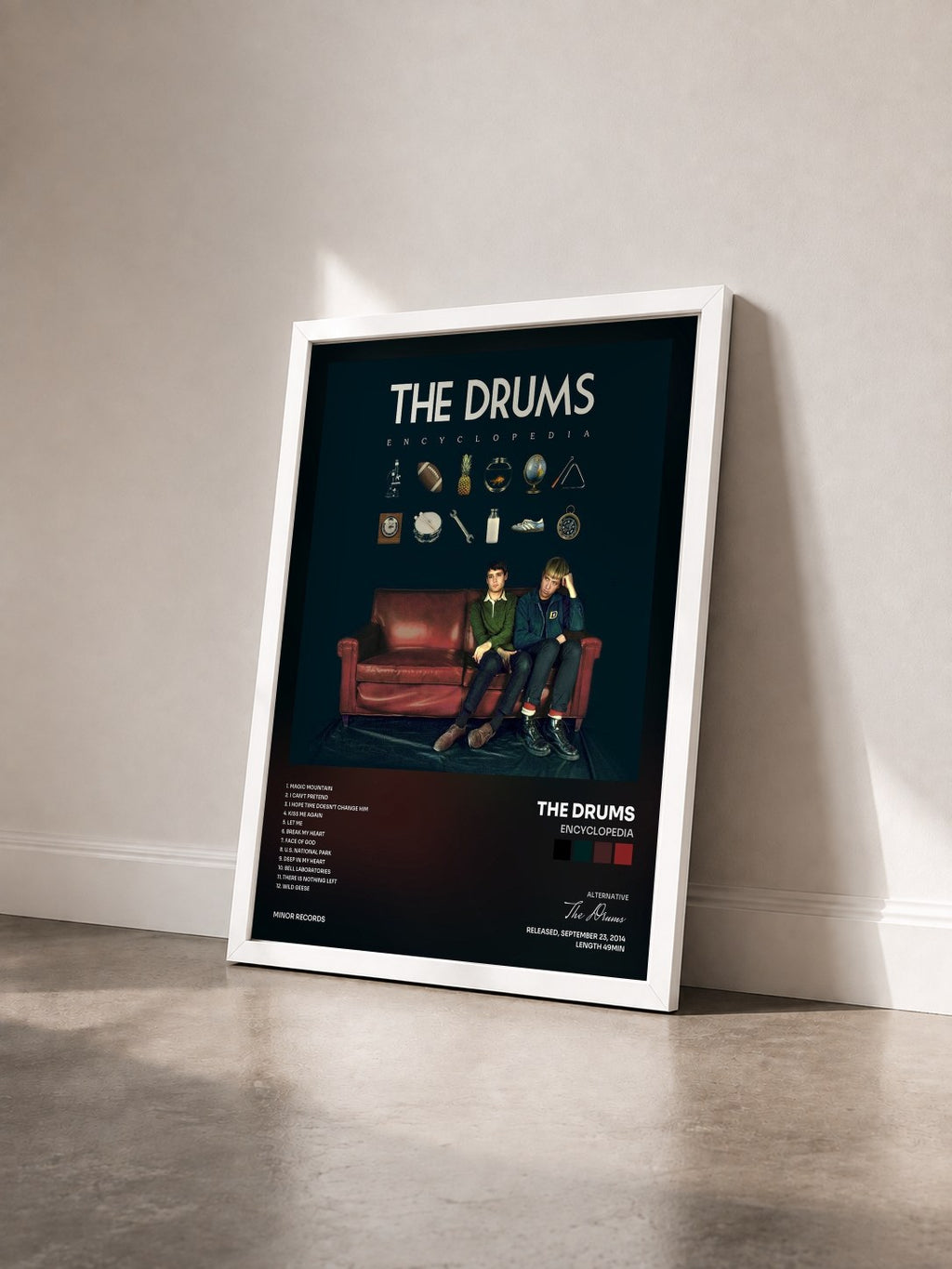 #blanc Tableau de l'album Encyclopedia de The Drums vu de trois quarts, cadre blanc