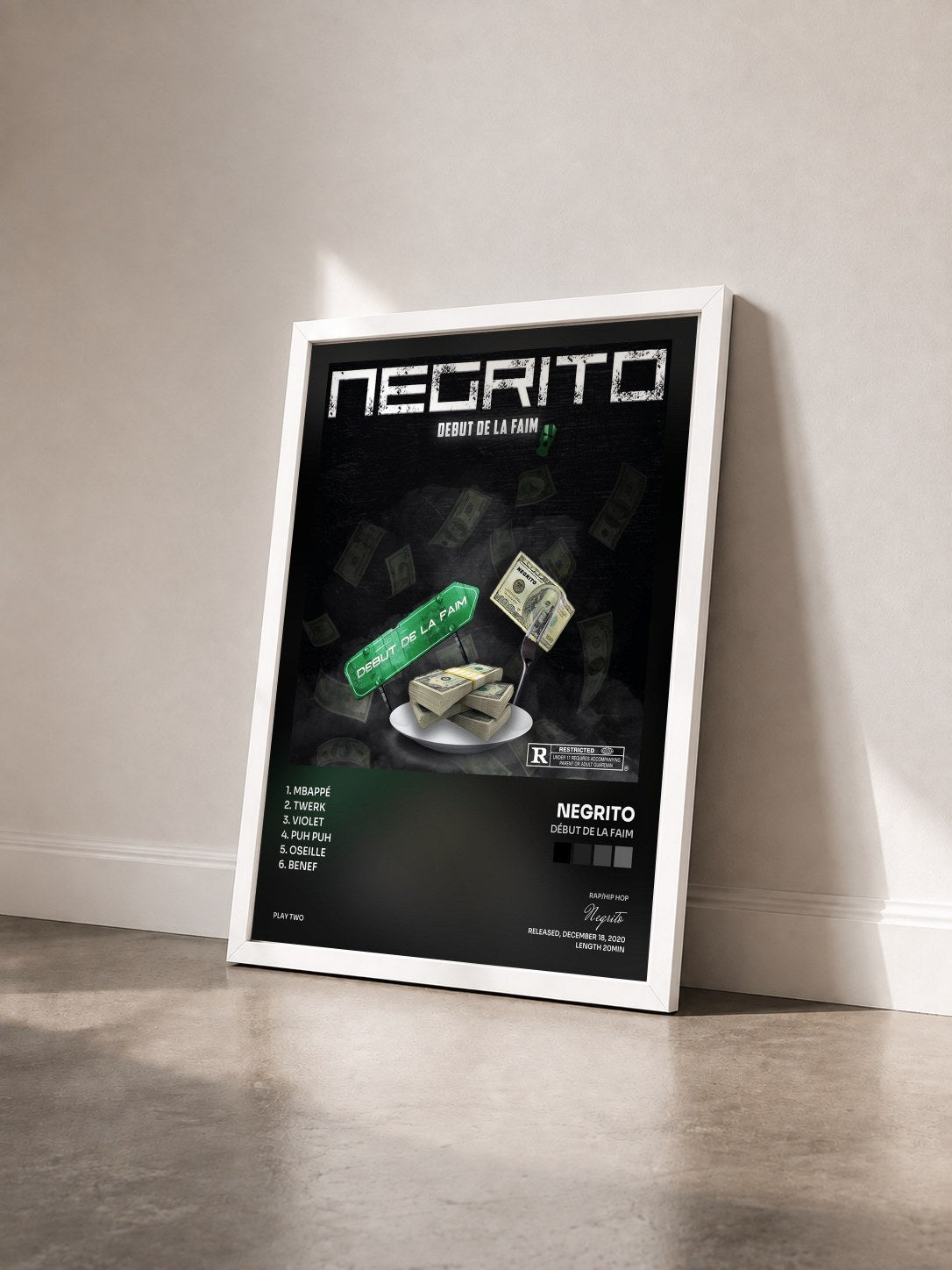 #blanc Tableau de l'album Début de la faim de Negrito vu de trois quarts, cadre blanc