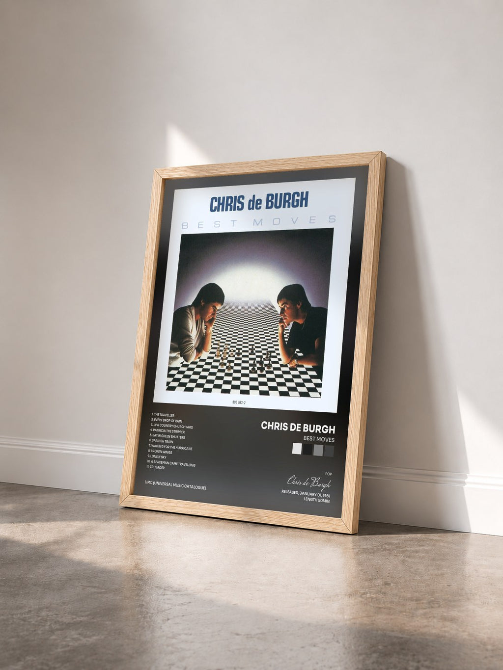 #bois Tableau de l'album Best Moves de Chris de Burgh vu de trois quarts, cadre en bois brut