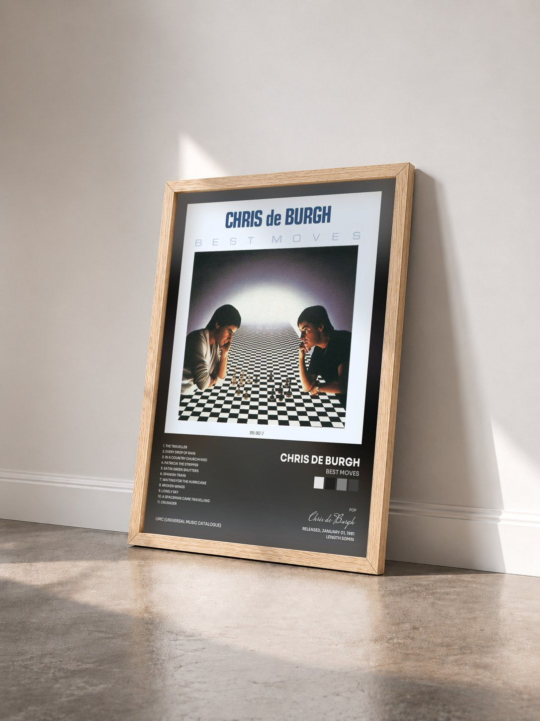 #bois Tableau de l'album Best Moves de Chris de Burgh vu de trois quarts, cadre en bois brut