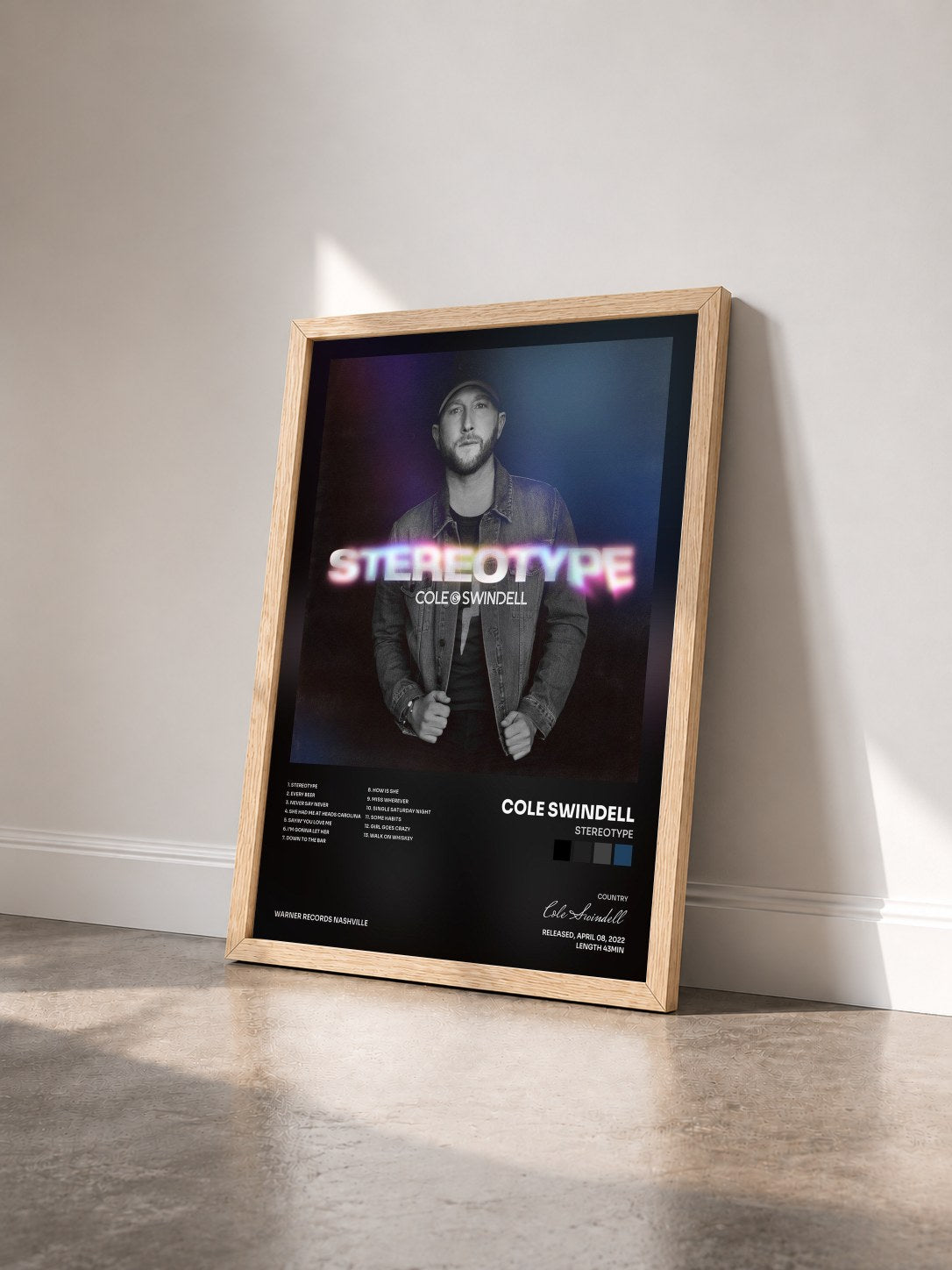#bois Tableau de l'album Stereotype de Cole Swindell vu de trois quarts, cadre en bois brut