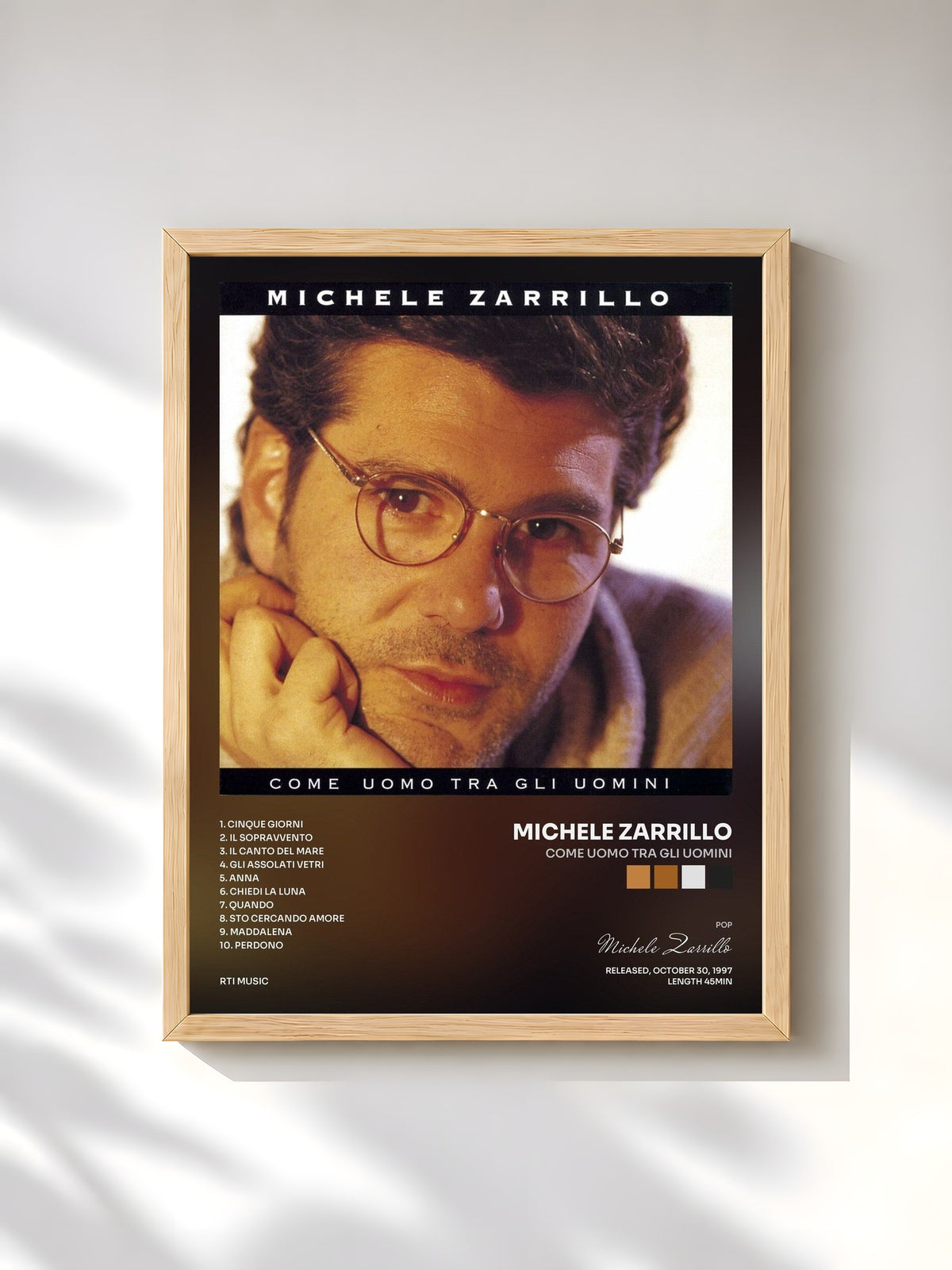 #bois Tableau de l'album Come Uomo Tra Gli Uomini de Michele Zarrillo, cadre en bois brut, imprimé et encadré en France