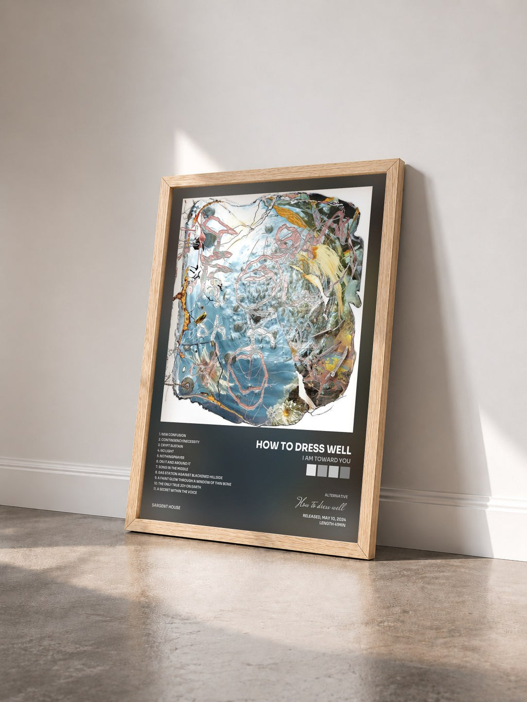 #bois Tableau de l'album I Am Toward You de How to dress well vu de trois quarts, cadre en bois brut