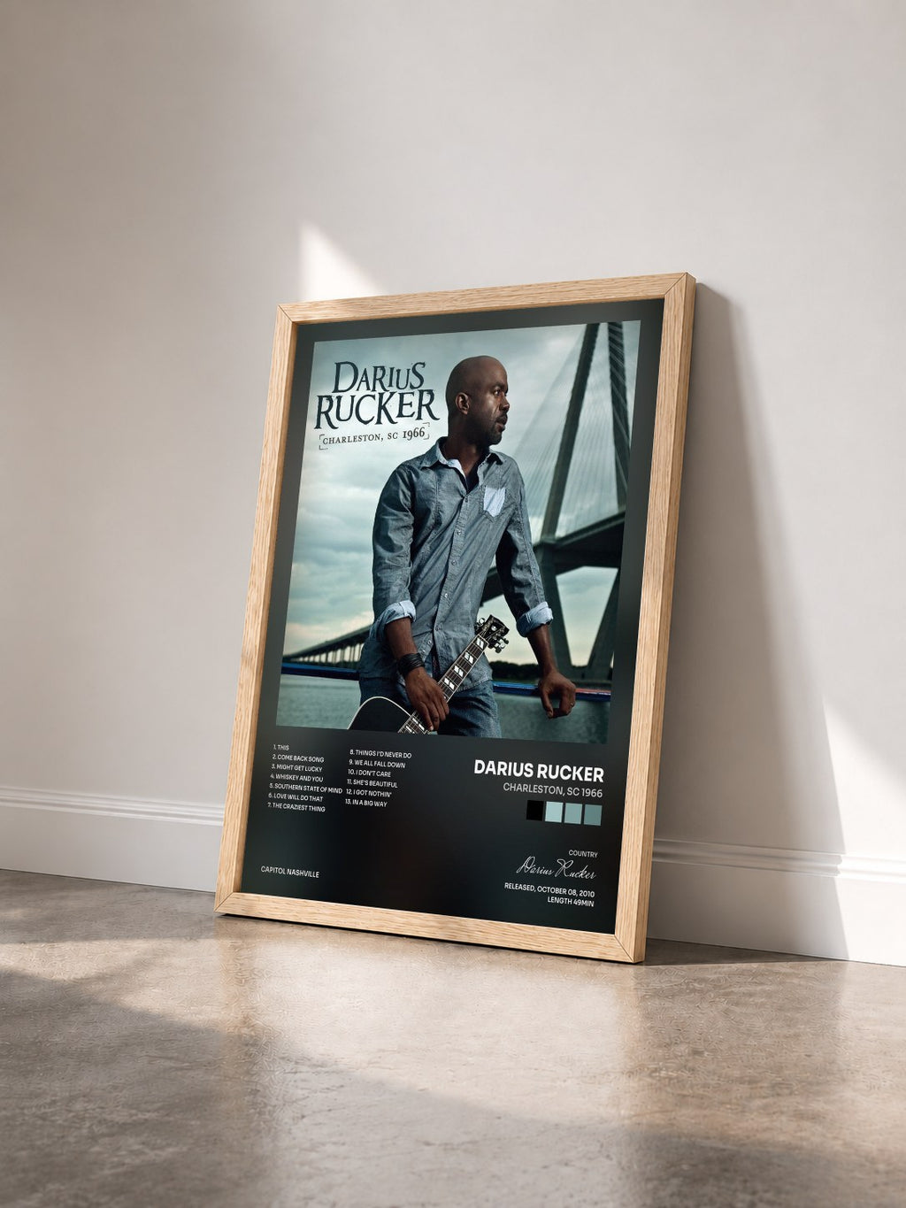 #bois Tableau de l'album Charleston, SC 1966 de Darius Rucker vu de trois quarts, cadre en bois brut