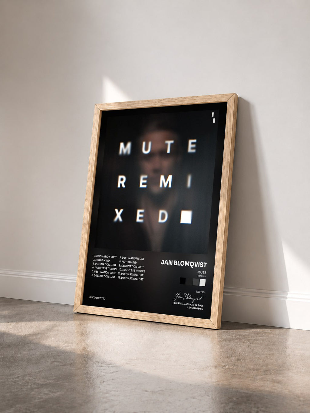 #bois Tableau de l'album MUTE (Remixed) de Jan Blomqvist vu de trois quarts, cadre en bois brut