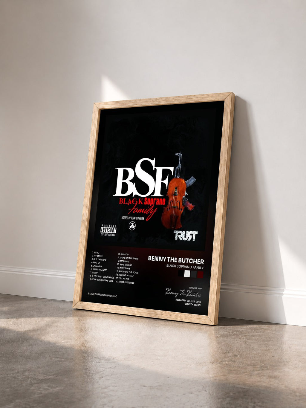 #bois Tableau de l'album Black Soprano Family de Benny The Butcher vu de trois quarts, cadre en bois brut