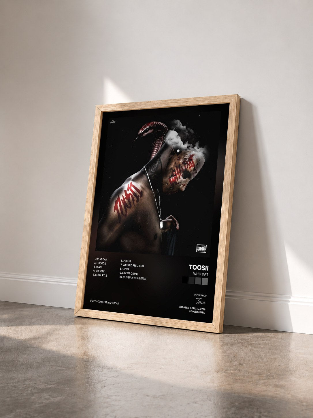 #bois Tableau de l'album Who Dat de Toosii vu de trois quarts, cadre en bois brut