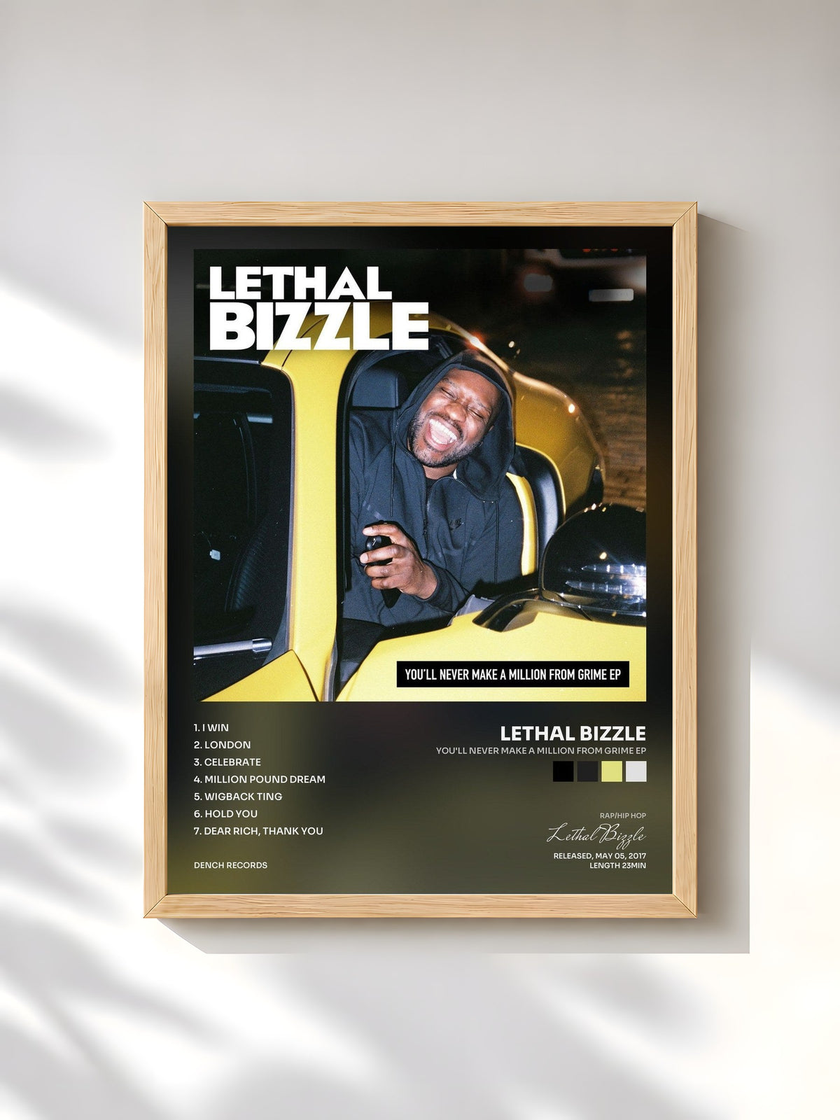 #bois Tableau de l'album You'll Never Make a Million from Grime EP de Lethal Bizzle, cadre en bois brut, imprimé et encadré en France