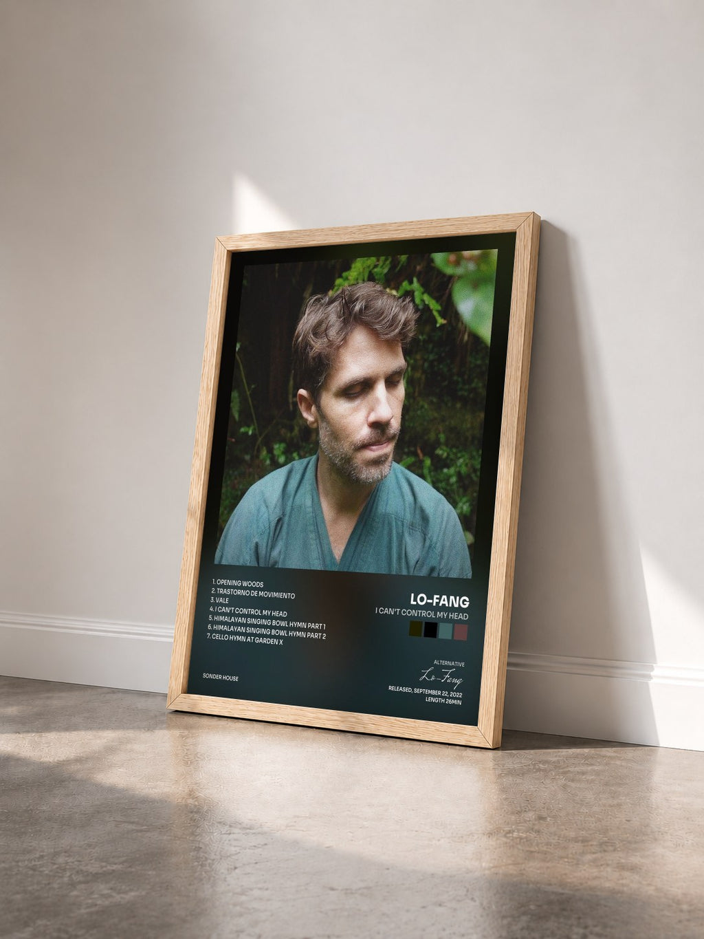 #bois Tableau de l'album i can't control my head de Lo-Fang vu de trois quarts, cadre en bois brut