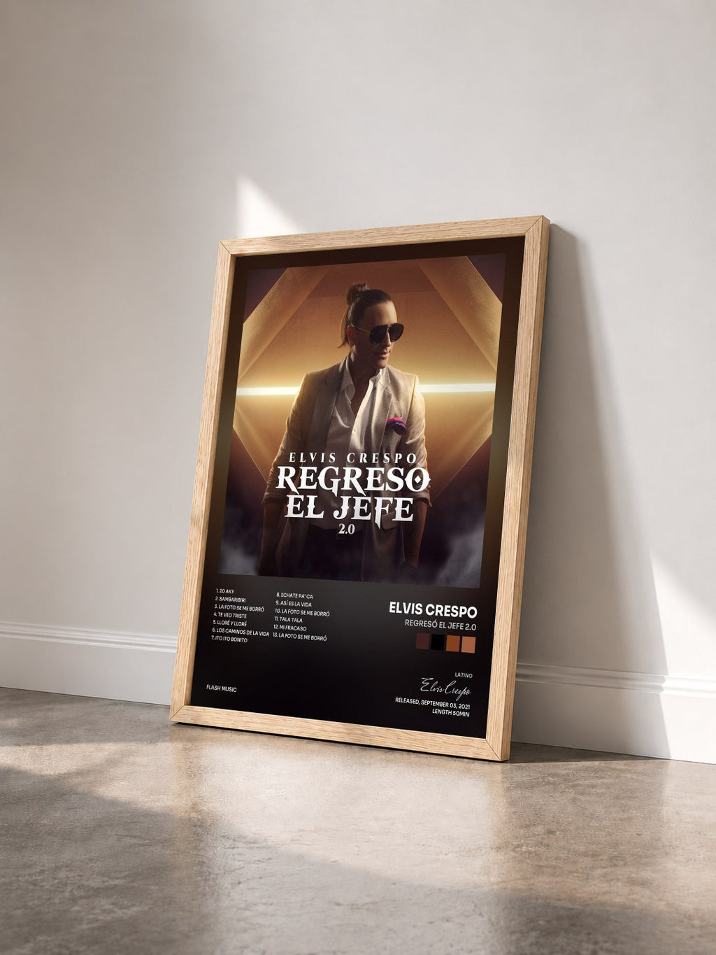 #bois Tableau de l'album Regresó el Jefe 2.0 de Elvis Crespo vu de trois quarts, cadre en bois brut