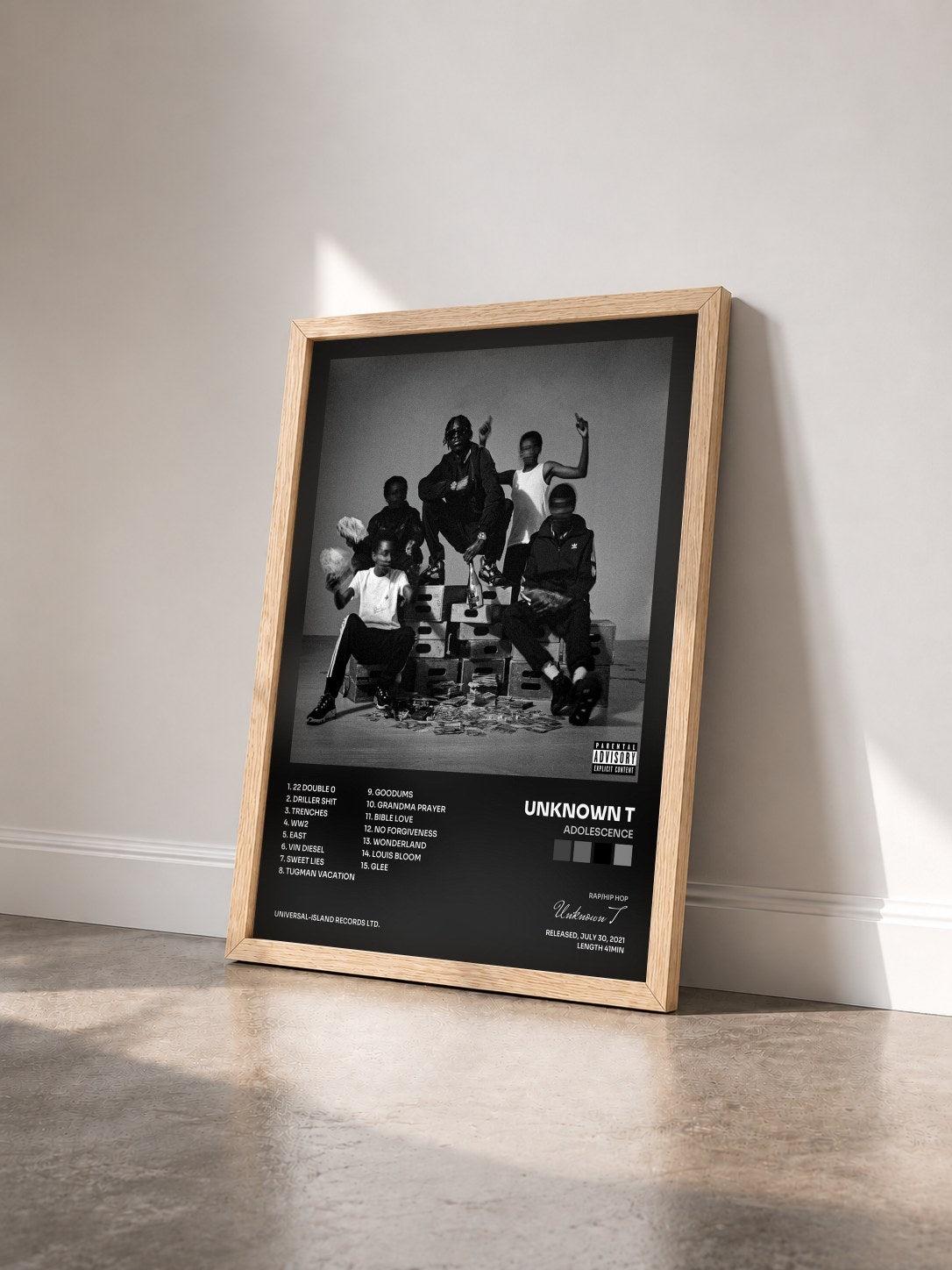 #bois Tableau de l'album Adolescence de Unknown T vu de trois quarts, cadre en bois brut