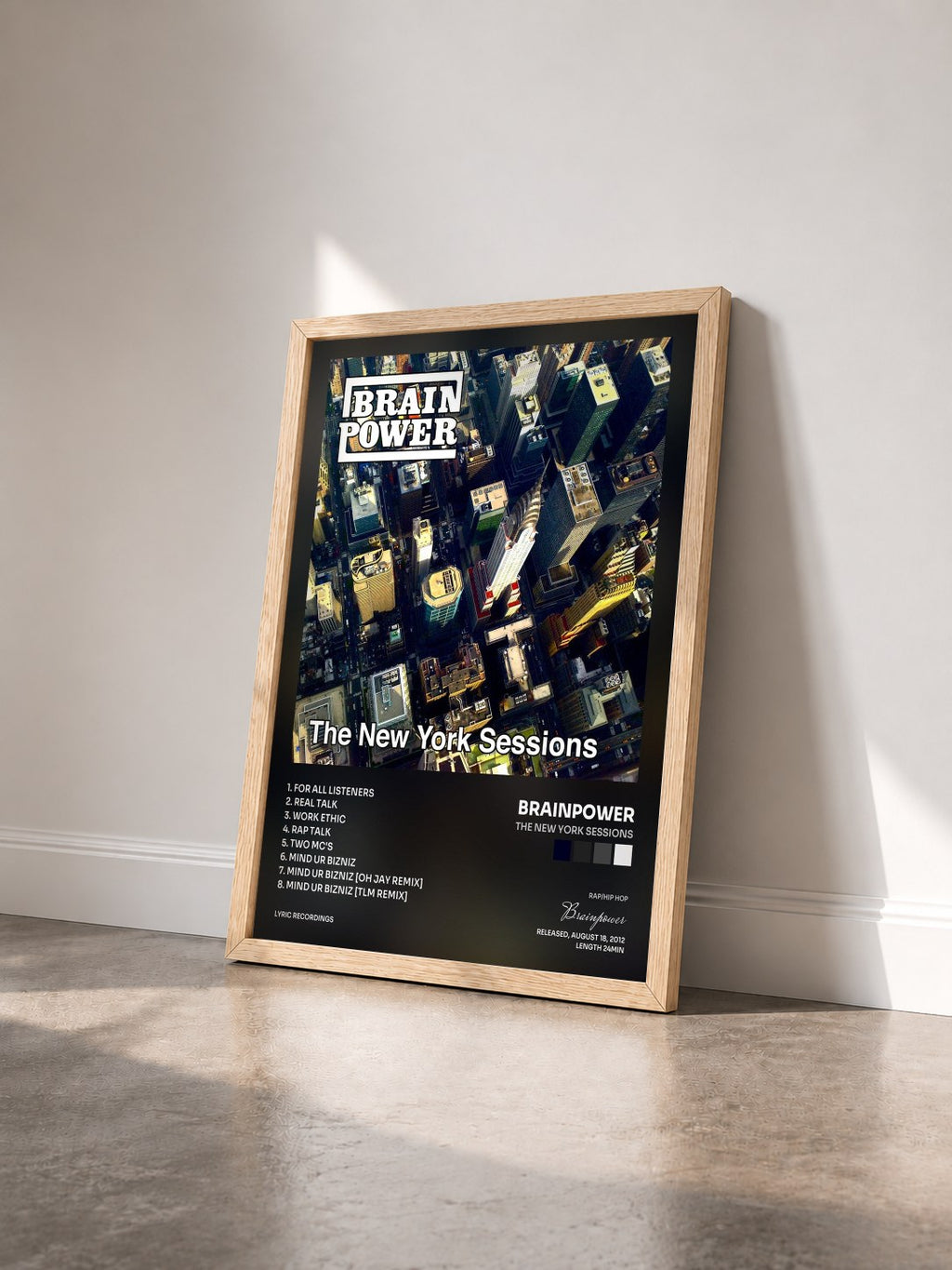 #bois Tableau de l'album The New York Sessions de Brainpower vu de trois quarts, cadre en bois brut