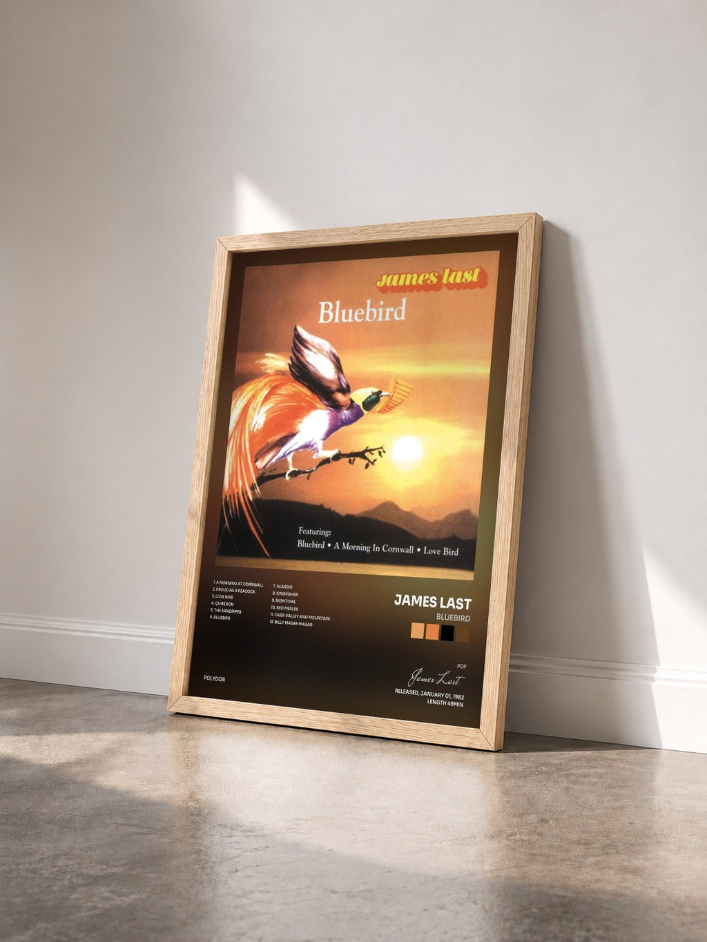 #bois Tableau de l'album Bluebird de James Last vu de trois quarts, cadre en bois brut