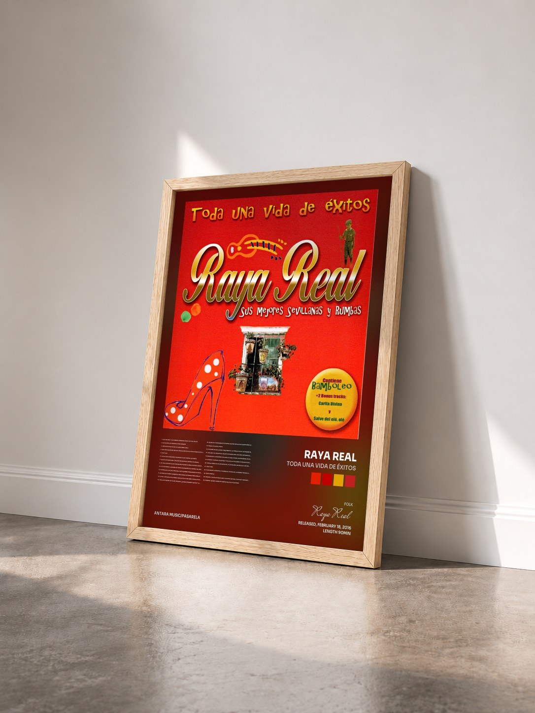 #bois Tableau de l'album Toda una Vida de Éxitos de Raya Real vu de trois quarts, cadre en bois brut