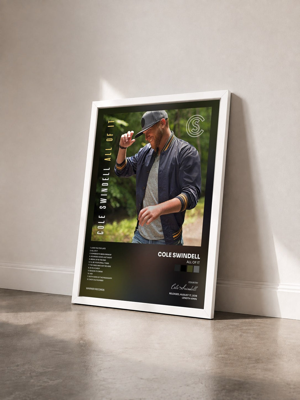 #blanc Tableau de l'album All of It de Cole Swindell vu de trois quarts, cadre blanc