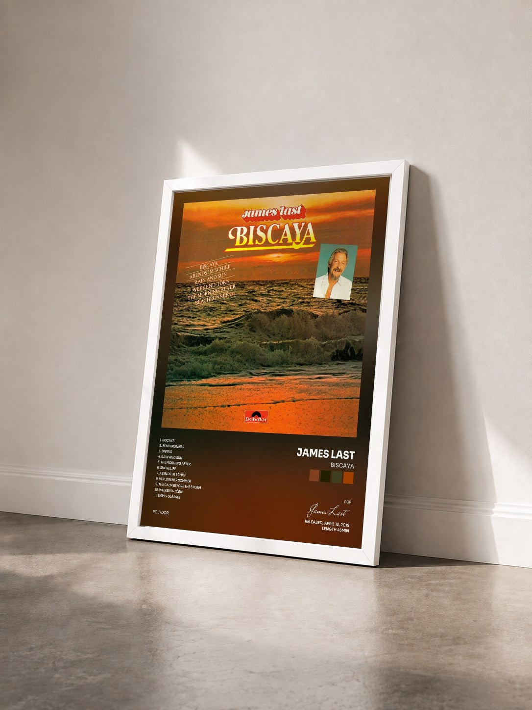 #blanc Tableau de l'album Biscaya de James Last vu de trois quarts, cadre blanc