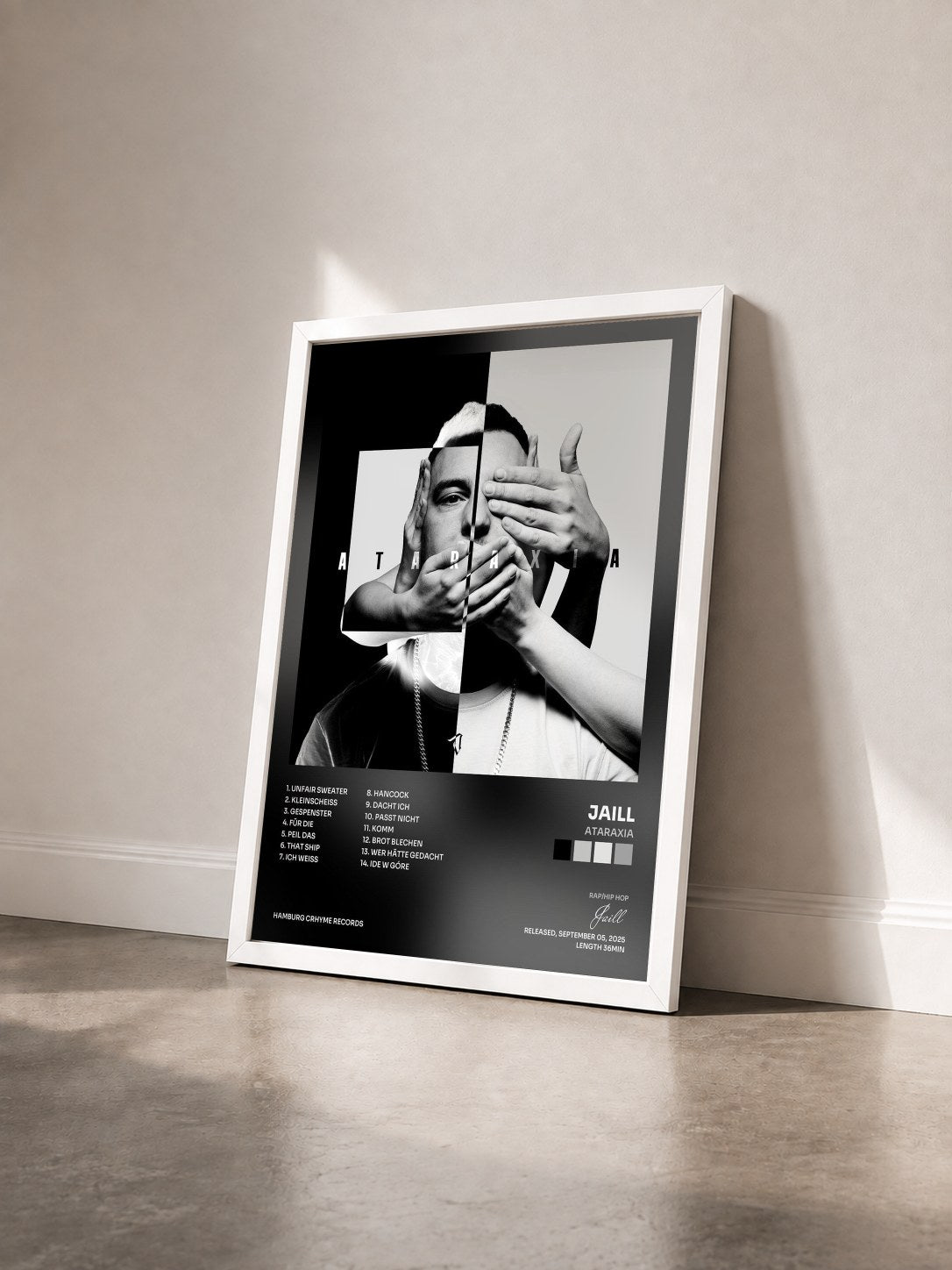 #blanc Tableau de l'album Ataraxia de Jaill vu de trois quarts, cadre blanc