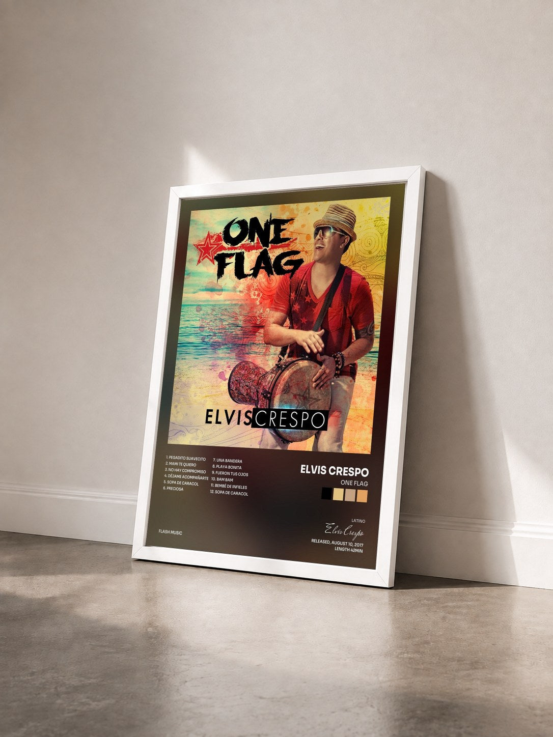#blanc Tableau de l'album One Flag de Elvis Crespo vu de trois quarts, cadre blanc
