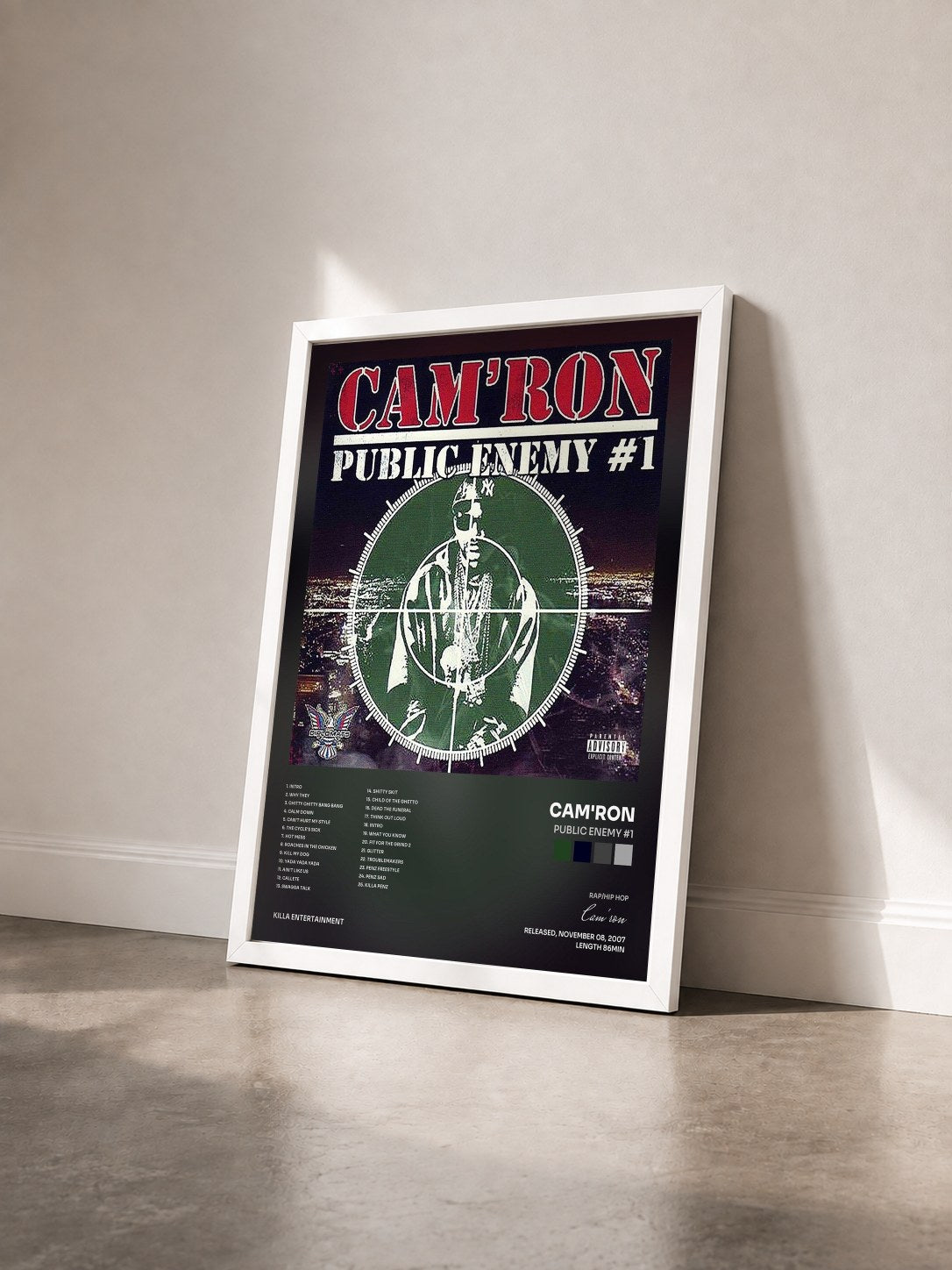 #blanc Tableau de l'album Public Enemy #1 de Cam'ron vu de trois quarts, cadre blanc