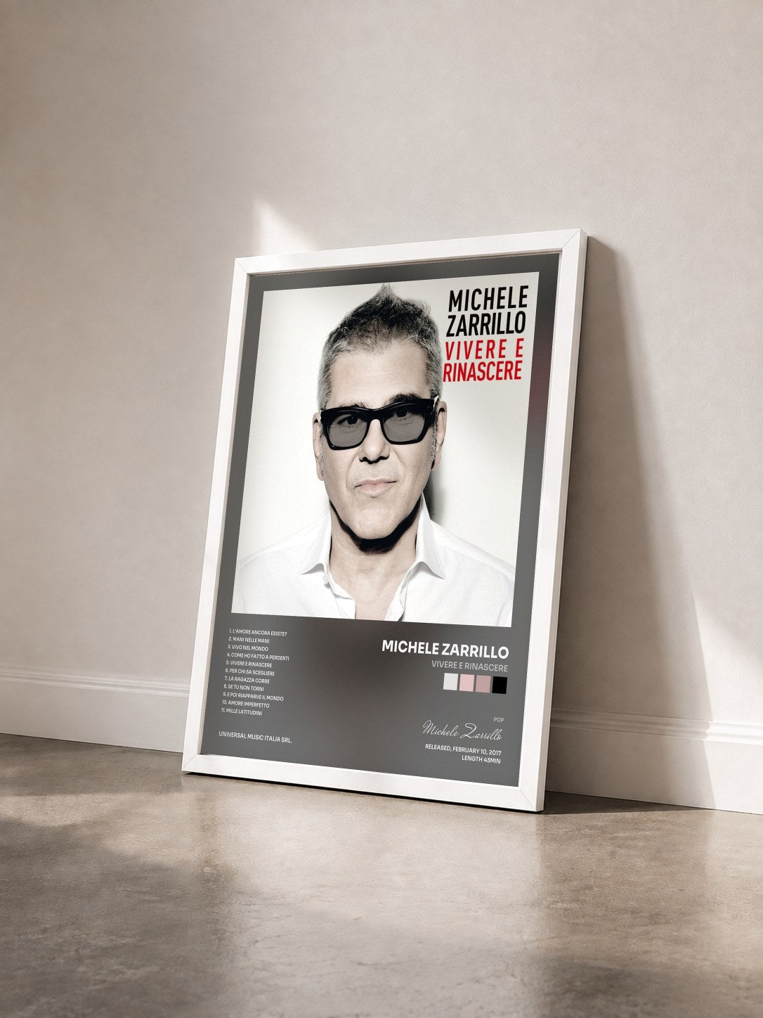#blanc Tableau de l'album Vivere E Rinascere de Michele Zarrillo vu de trois quarts, cadre blanc