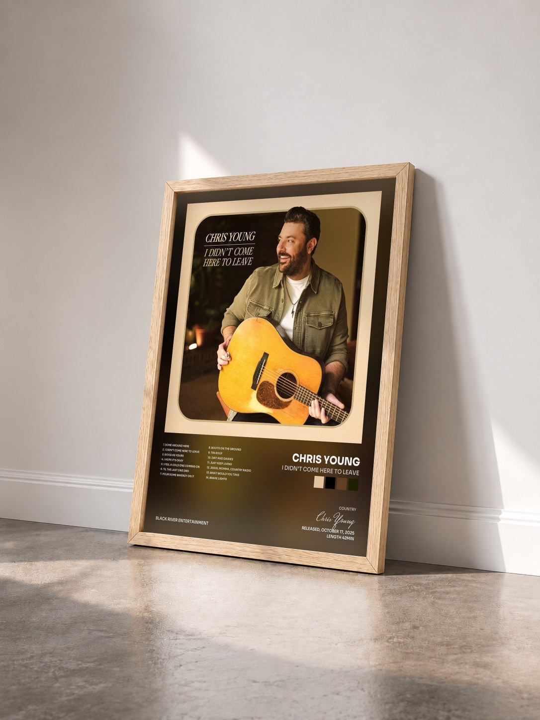 #bois Tableau de l'album I Didn't Come Here To Leave de Chris Young vu de trois quarts, cadre en bois brut