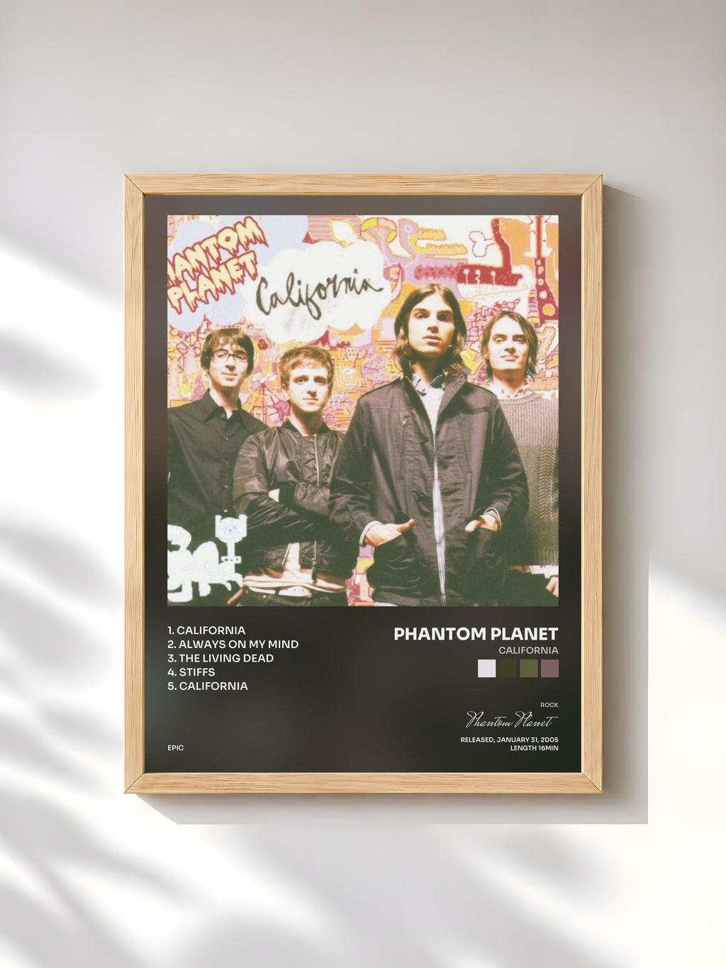 #bois Tableau de l'album California de Phantom Planet, cadre en bois brut, imprimé et encadré en France