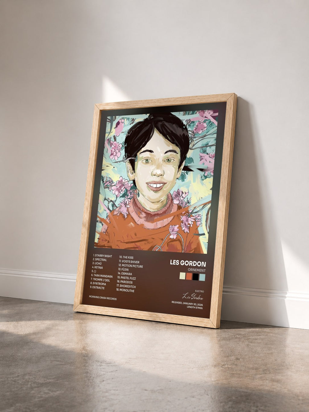 #bois Tableau de l'album Ornement de Les Gordon vu de trois quarts, cadre en bois brut