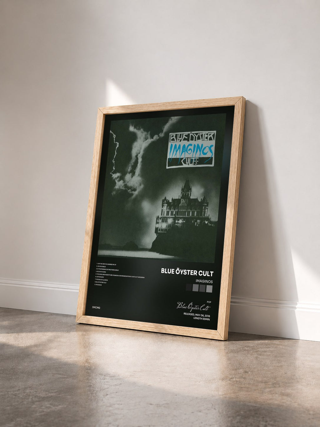 #bois Tableau de l'album Imaginos de Blue Öyster Cult vu de trois quarts, cadre en bois brut