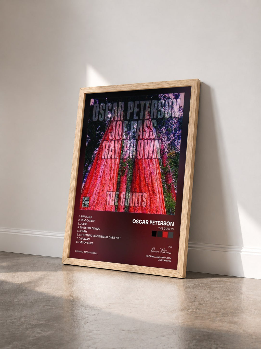 #bois Tableau de l'album The Giants de Oscar Peterson vu de trois quarts, cadre en bois brut
