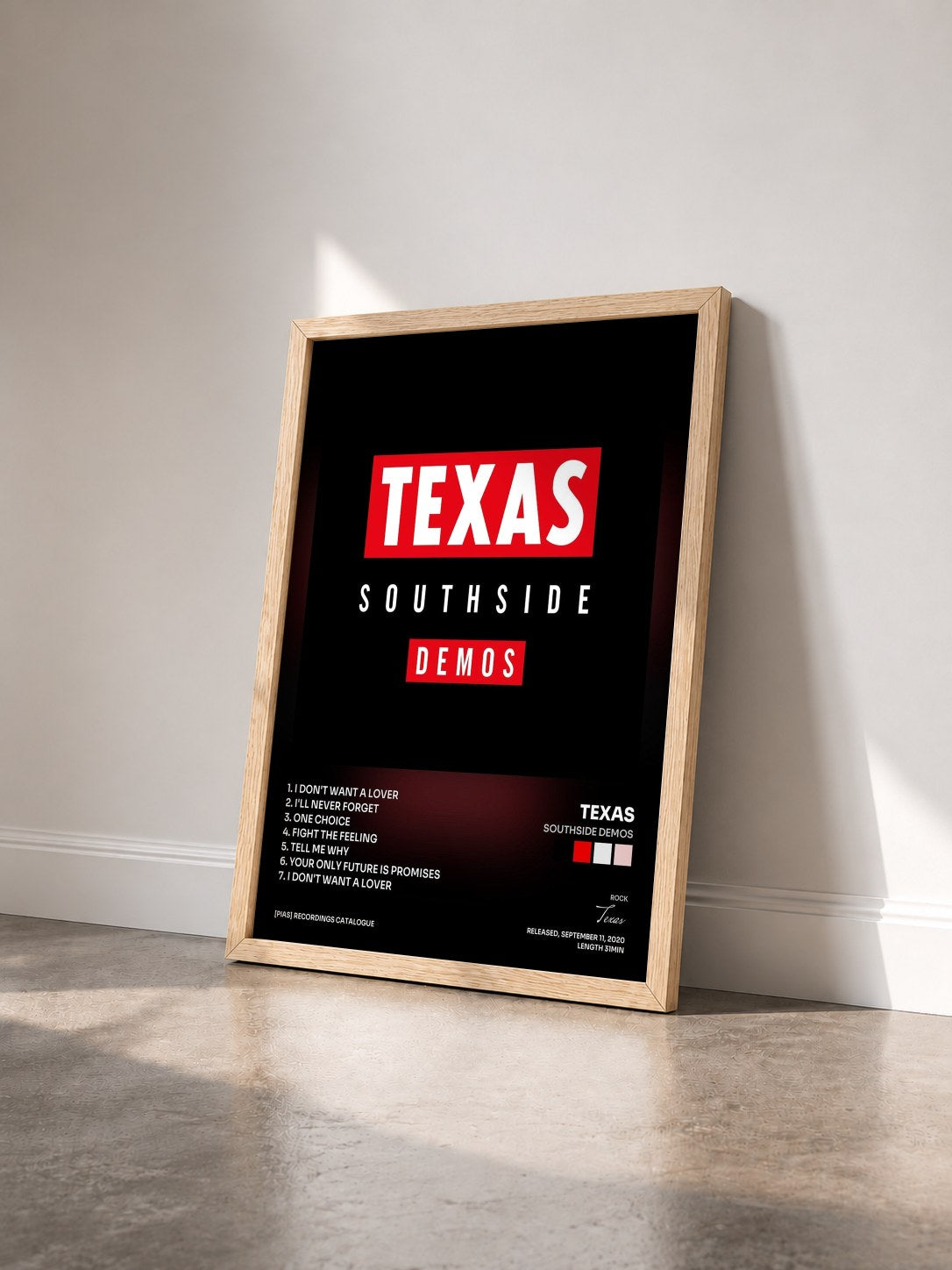 #bois Tableau de l'album Southside Demos de Texas vu de trois quarts, cadre en bois brut